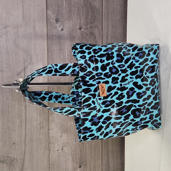 Consuela Handbags - Consuela Aqua Blue Cheetah Print Small Nylon Tote Satchel Bag